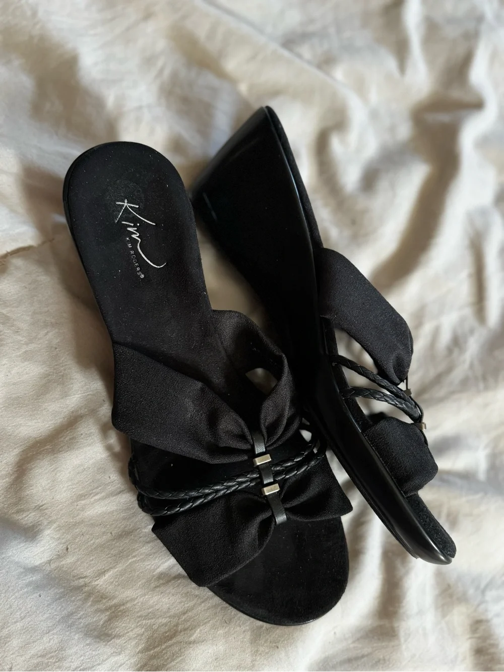 Kim Rogers Black Bow Slide Sandals with Braided Straps